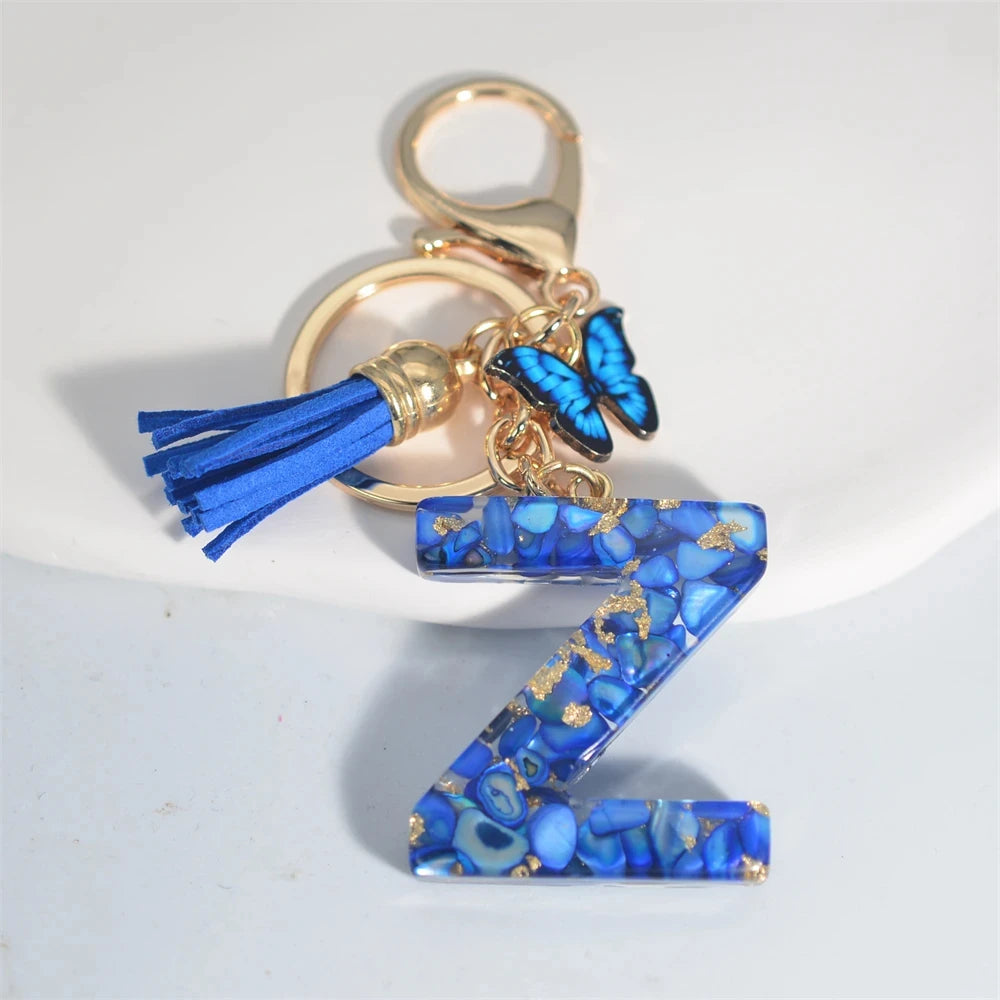 Blue Glazed A-Z Initial Keychain with Butterfly Tassel Pendant – Fashion Gift - Image 6