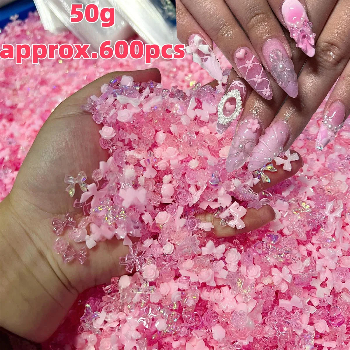 Pink Bowknot Heart Shaped Mixed Nail Decorations